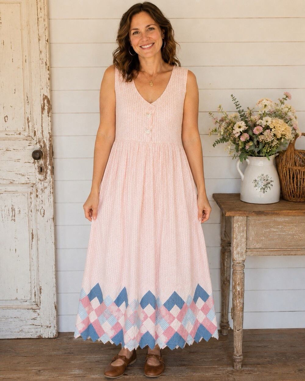 Vintage Maxi Dress Handmade Sz M Blue Pink Patchwork Dr Prairie Cottage Quilt